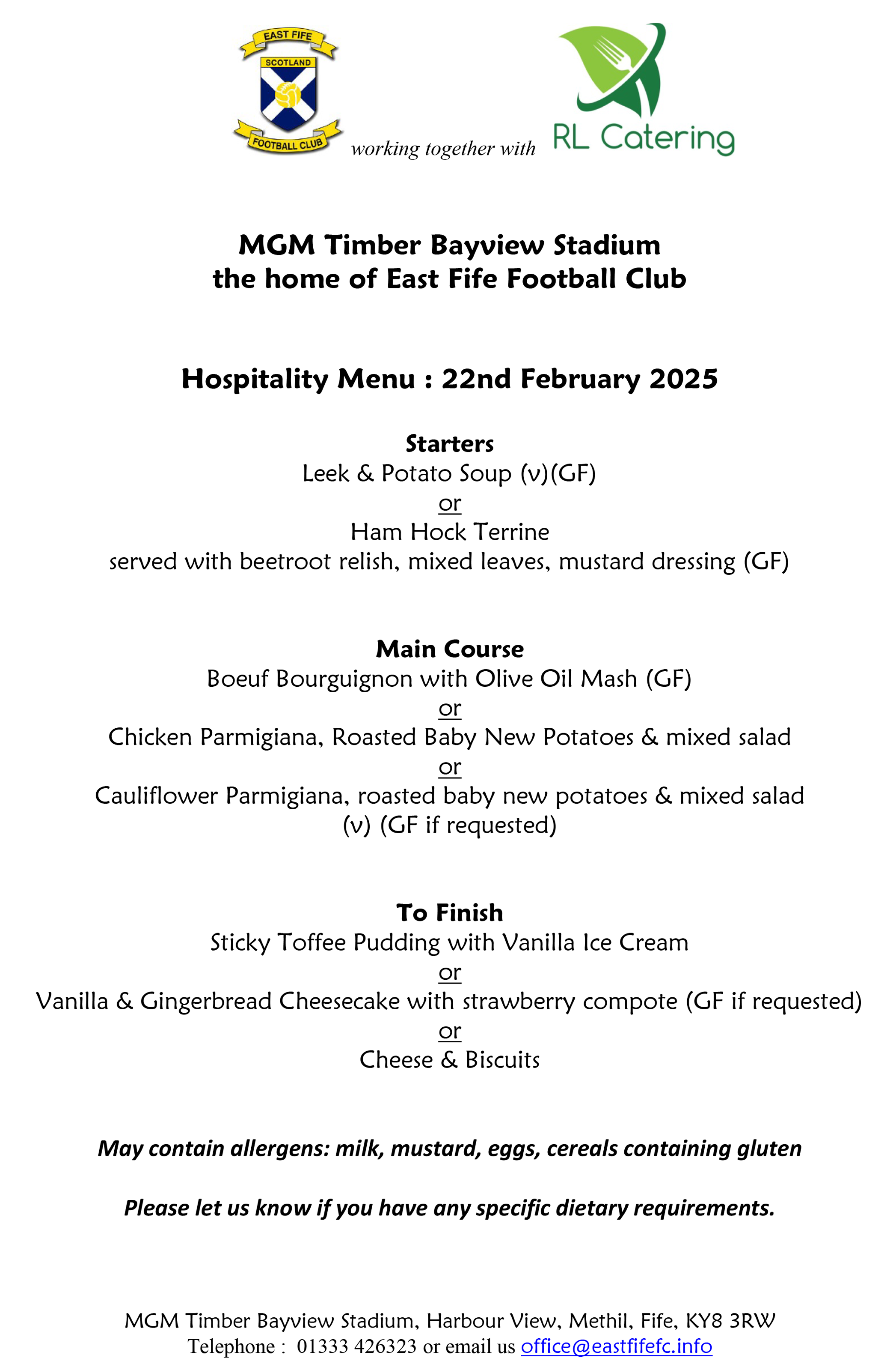 Hospitality menu 22 Feb 25